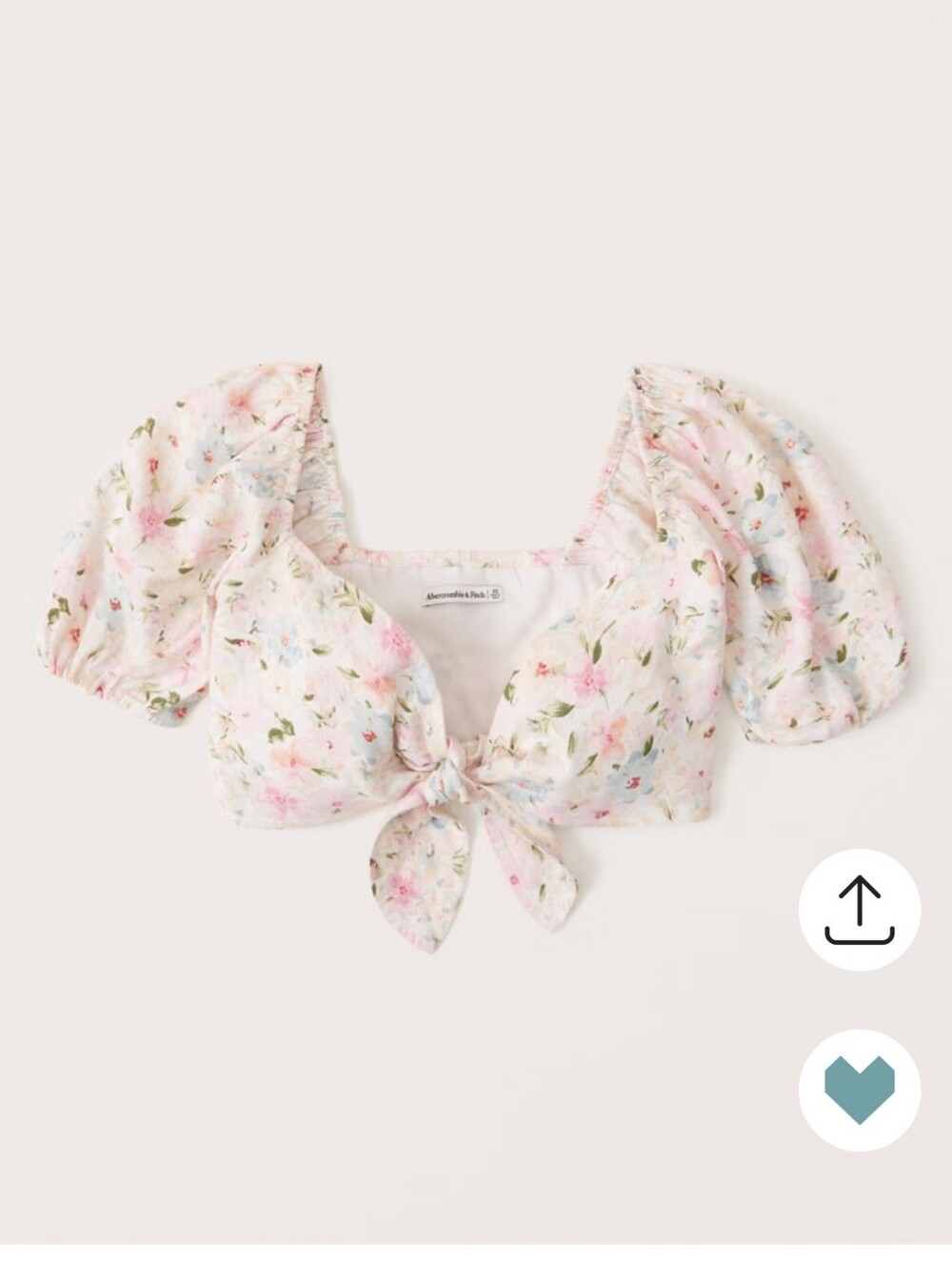 Abercrombie & Fitch Floral Tie-Front Puff Sleeve Crop Top - Pink/White/Cream